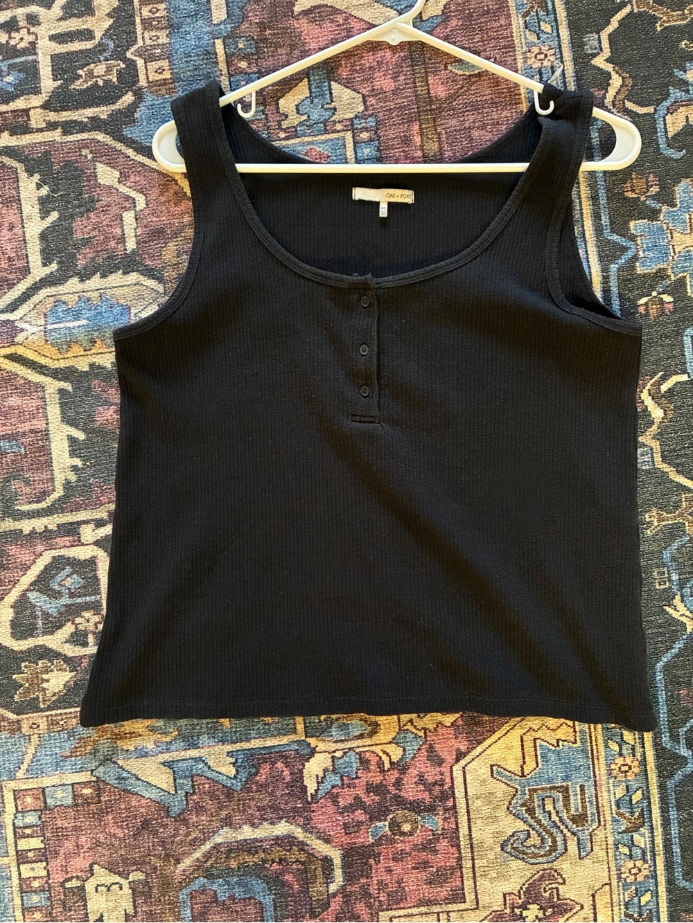 OAK + FORT Black Ribbed Henley Tank